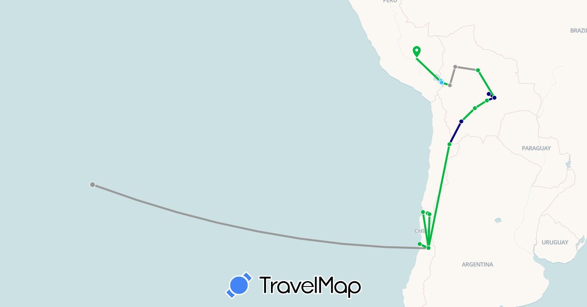 TravelMap itinerary: driving, bus, plane, boat in Bolivia, Chile, Peru (South America)